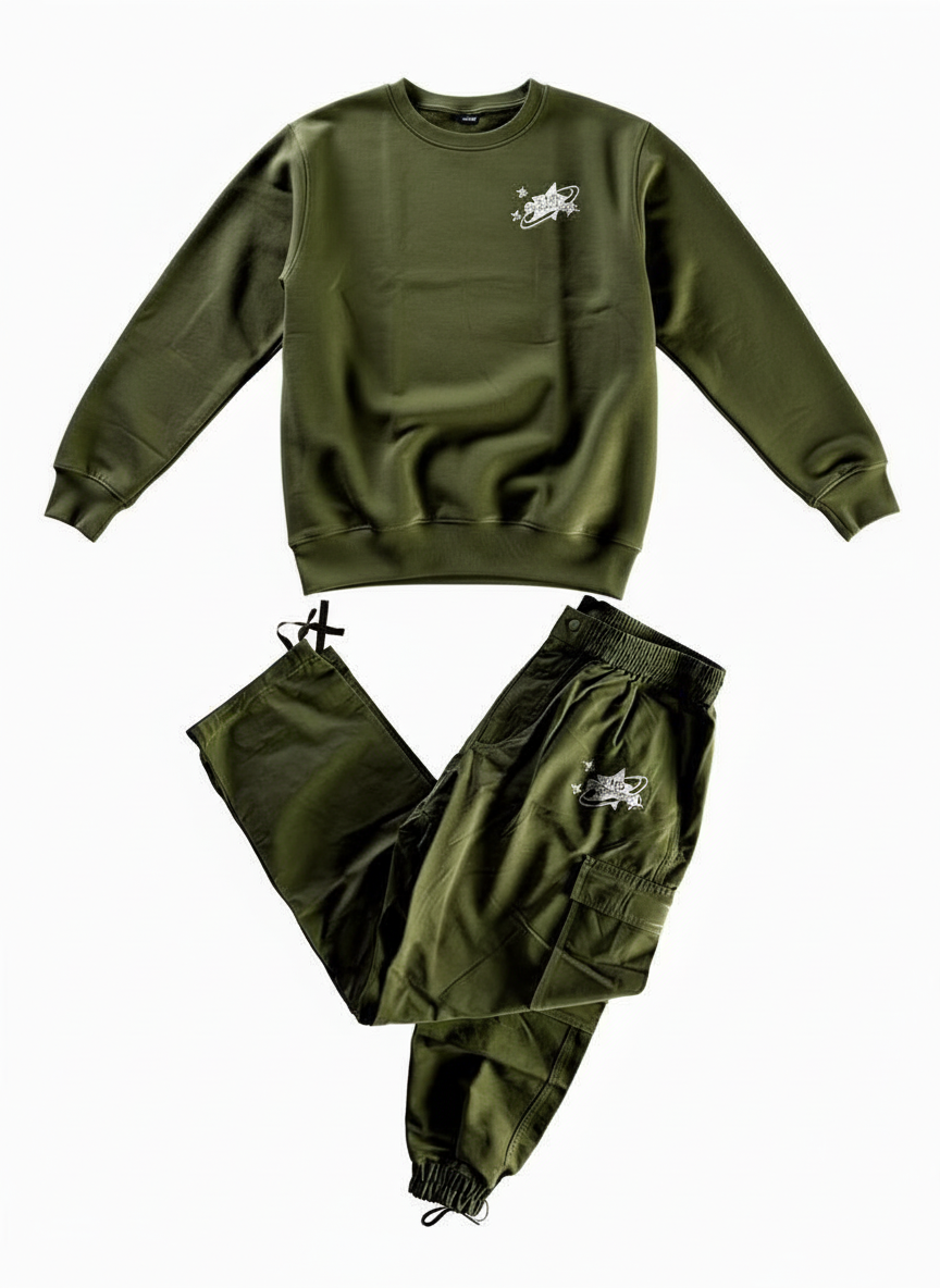 Olive sweater and Nylon Windbreaker Cargo Pants Set