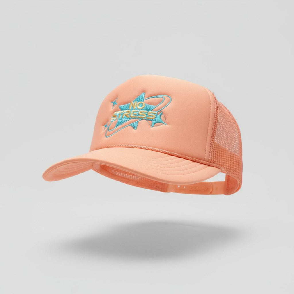 Peach No Stress puffy trucker hat