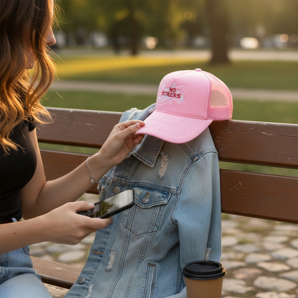pink No stress trucker hat