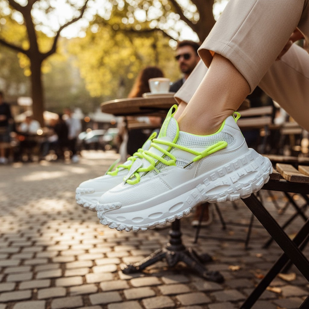 No Stress NS1 white and neon green running shoe