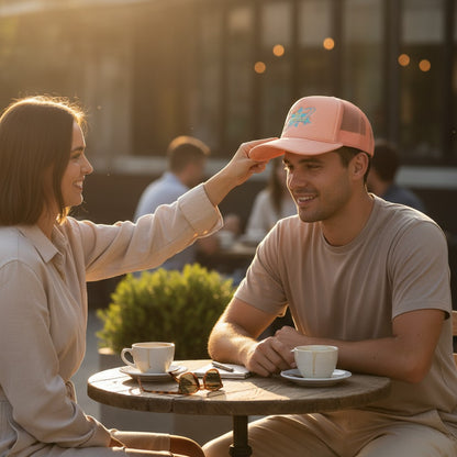 Peach No Stress puffy trucker hat