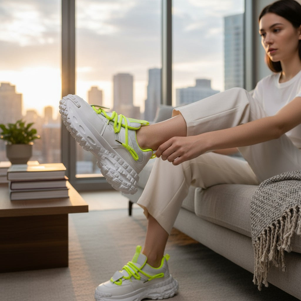 No Stress NS1 white and neon green running shoe